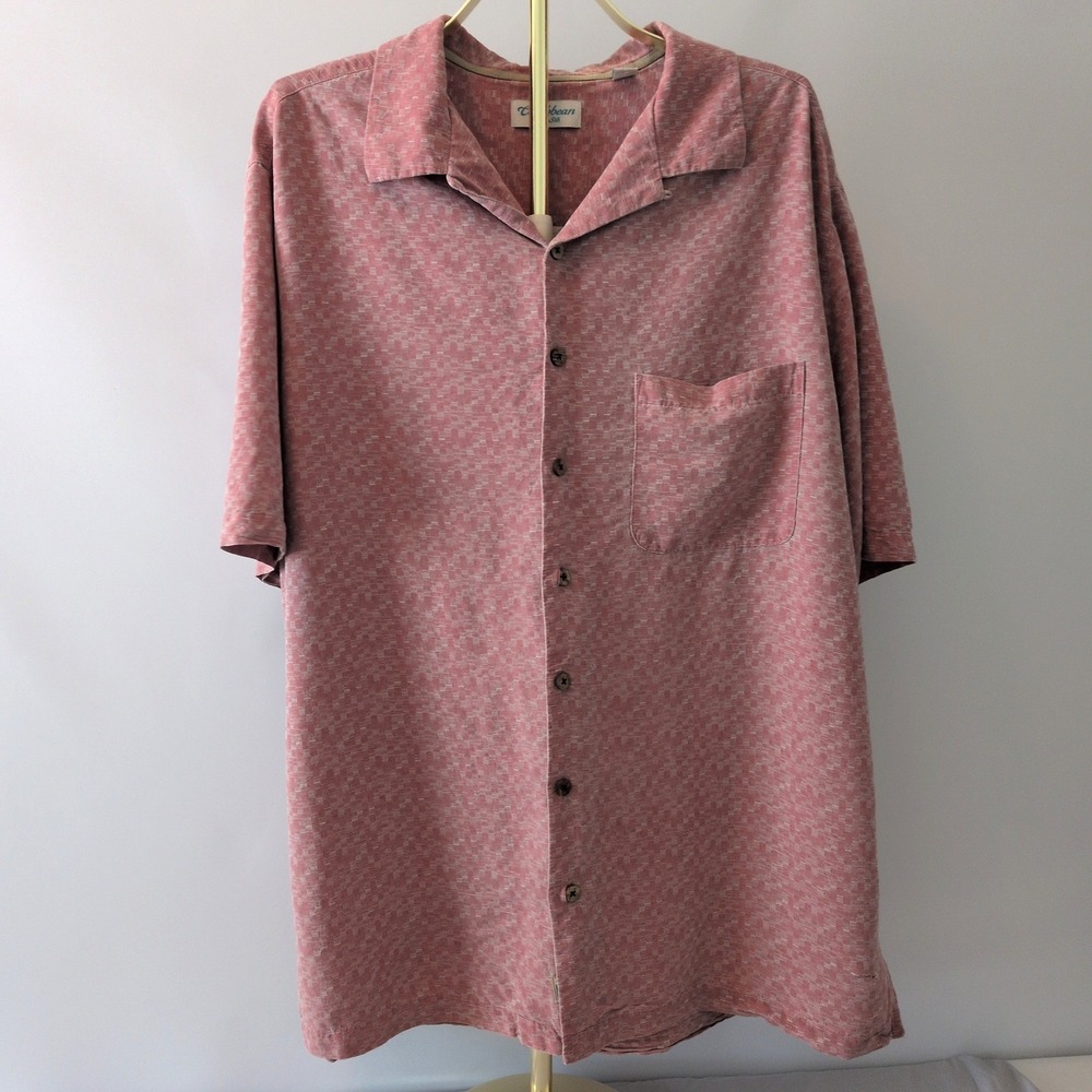 Caribbean Silk Button Down Shirt Men 2XT Salmon Jacquard Short Sleeve Camp Shirt